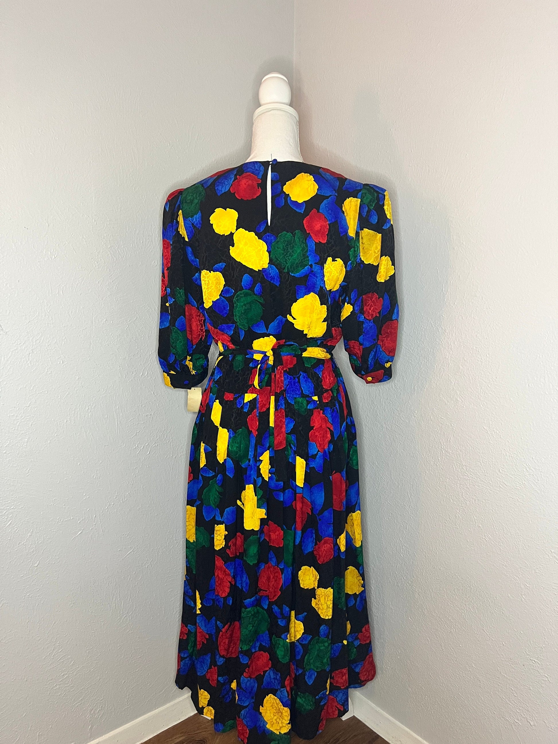 Vintage '80s Silk Pop-Color Floral Dress - S/M - Multi