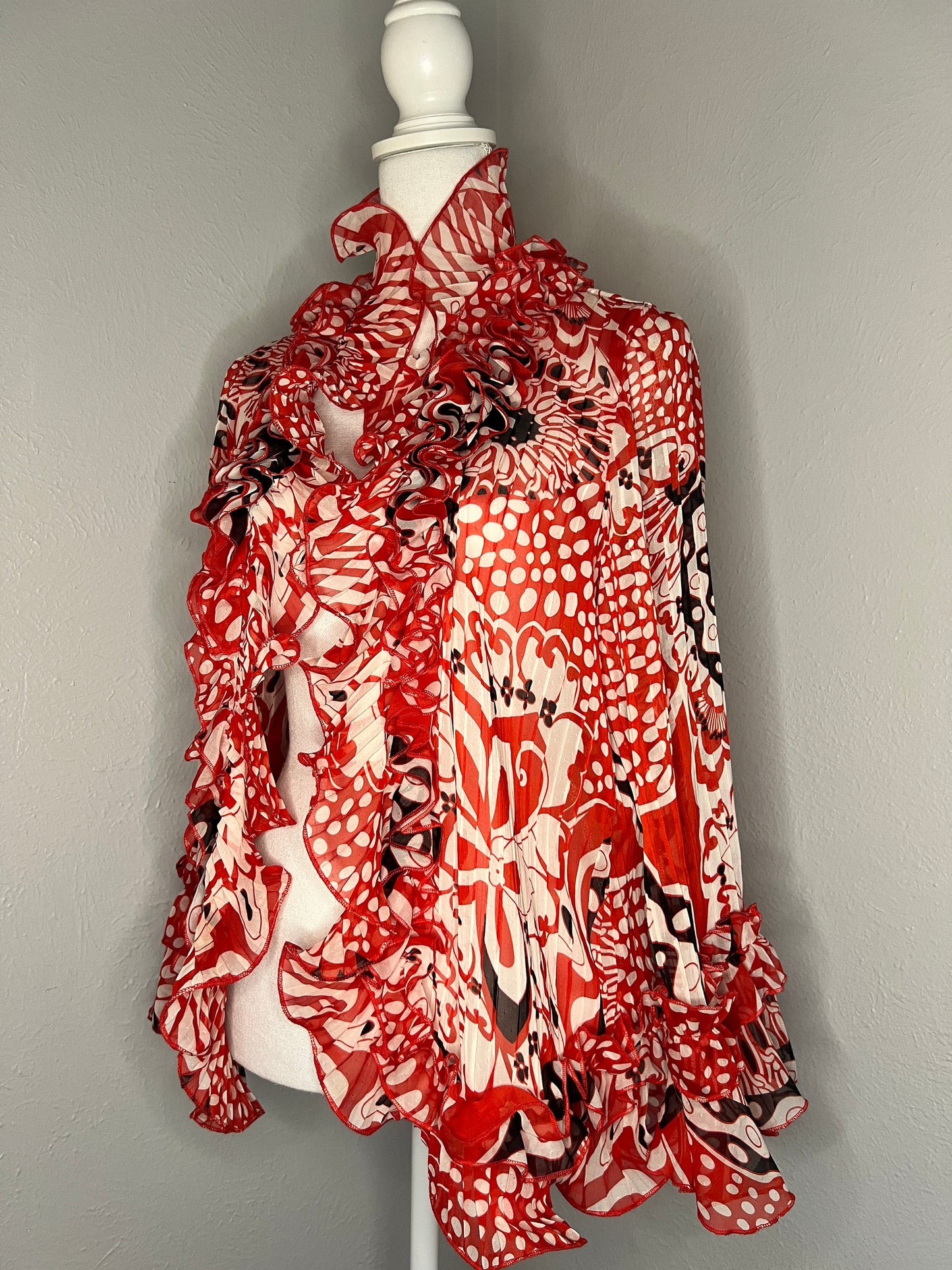 Vintage '90s Abstract Ruffled Blouse - M - Red