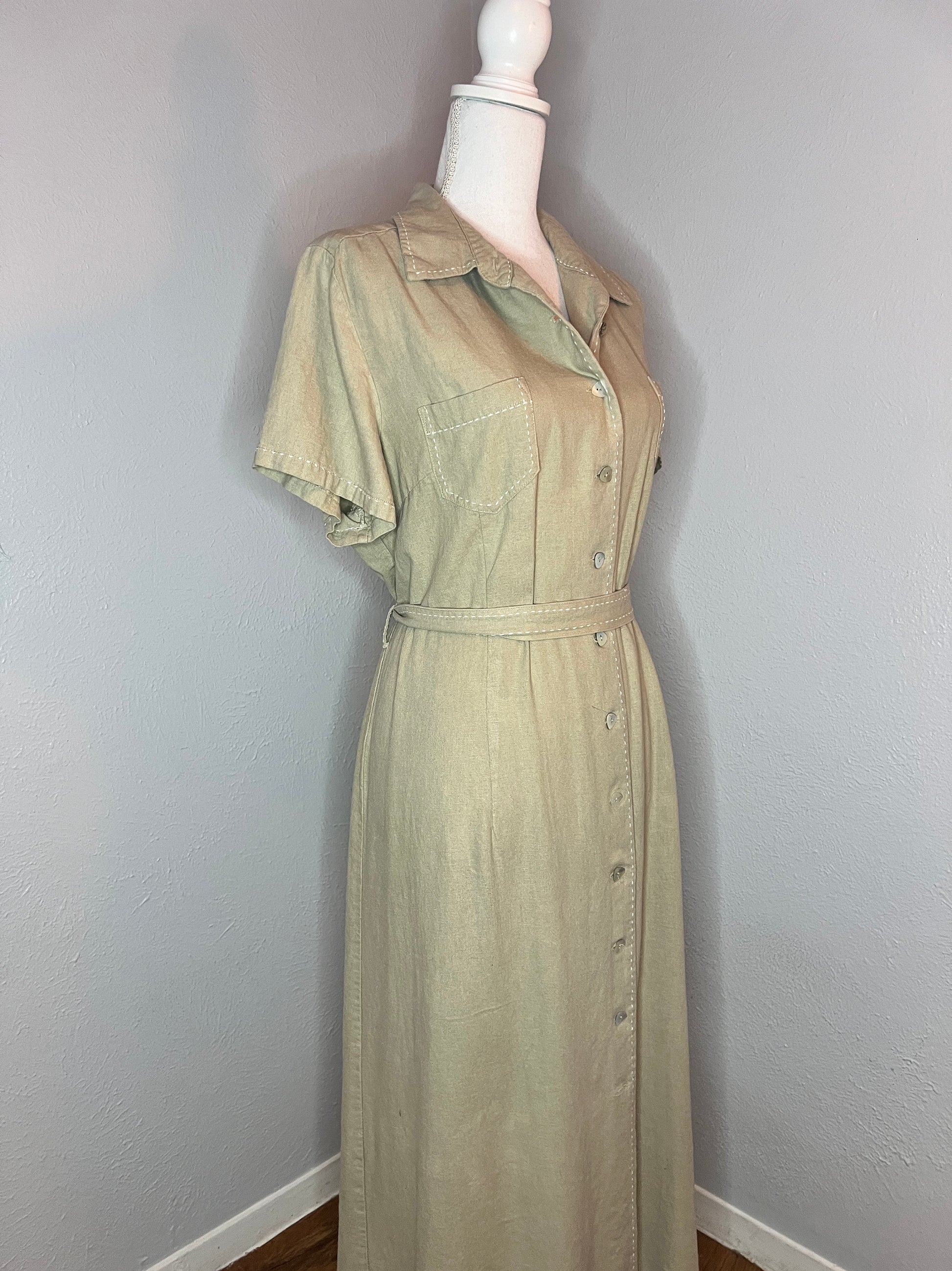 Vintage Linen Midi Dress - L/XL (18) - Beige