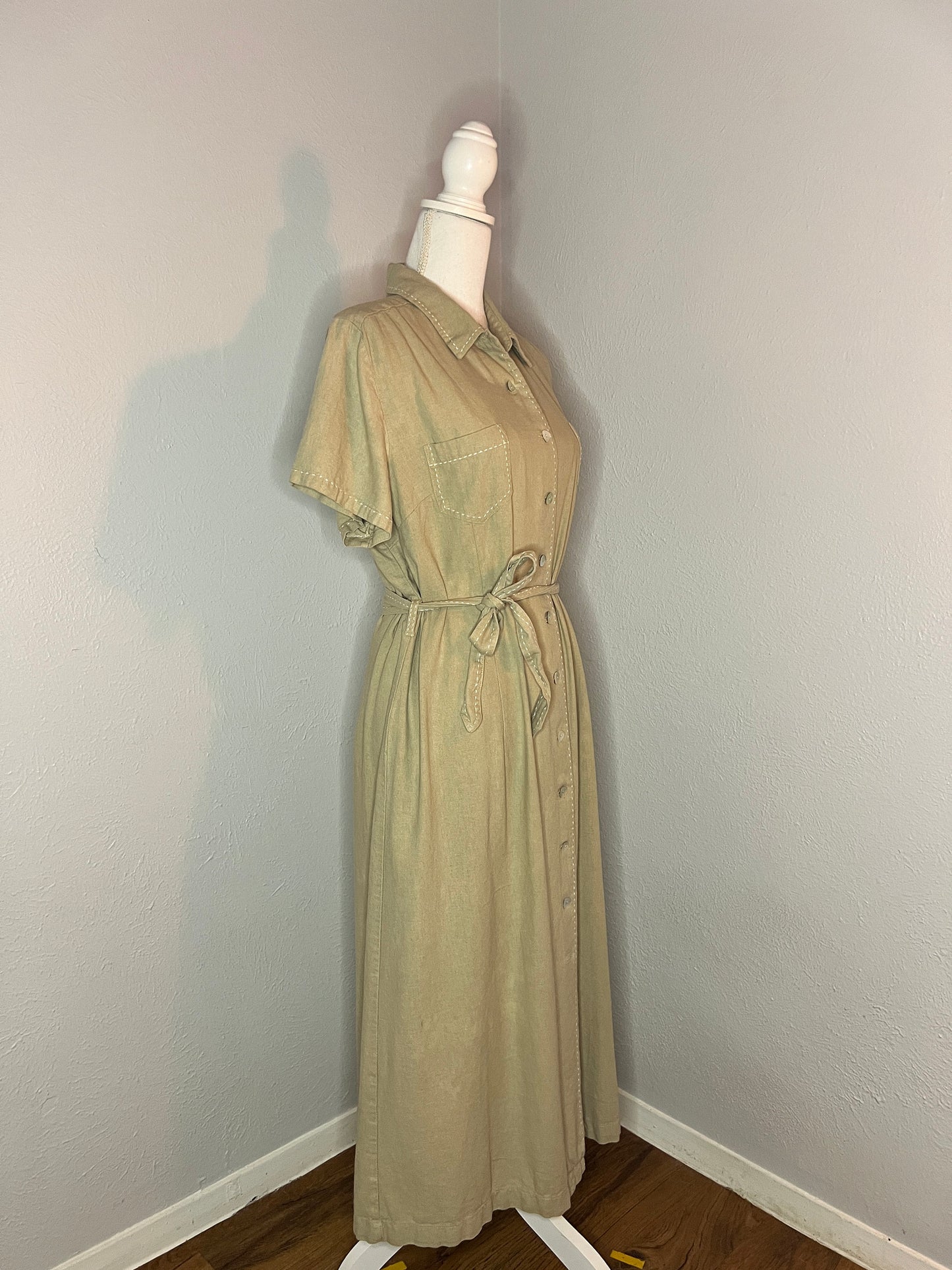 Vintage Linen Midi Dress - L/XL (18) - Beige