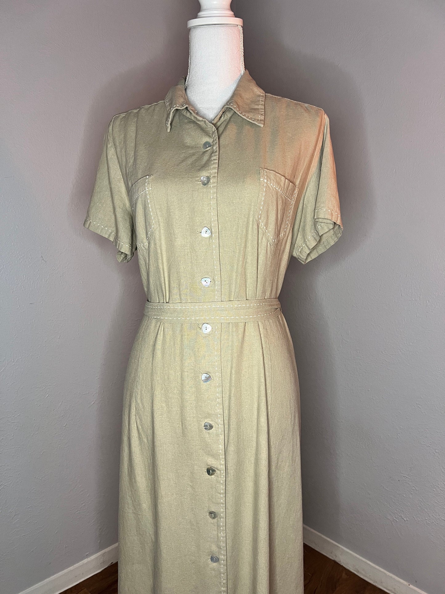 Vintage Linen Midi Dress - L/XL (18) - Beige