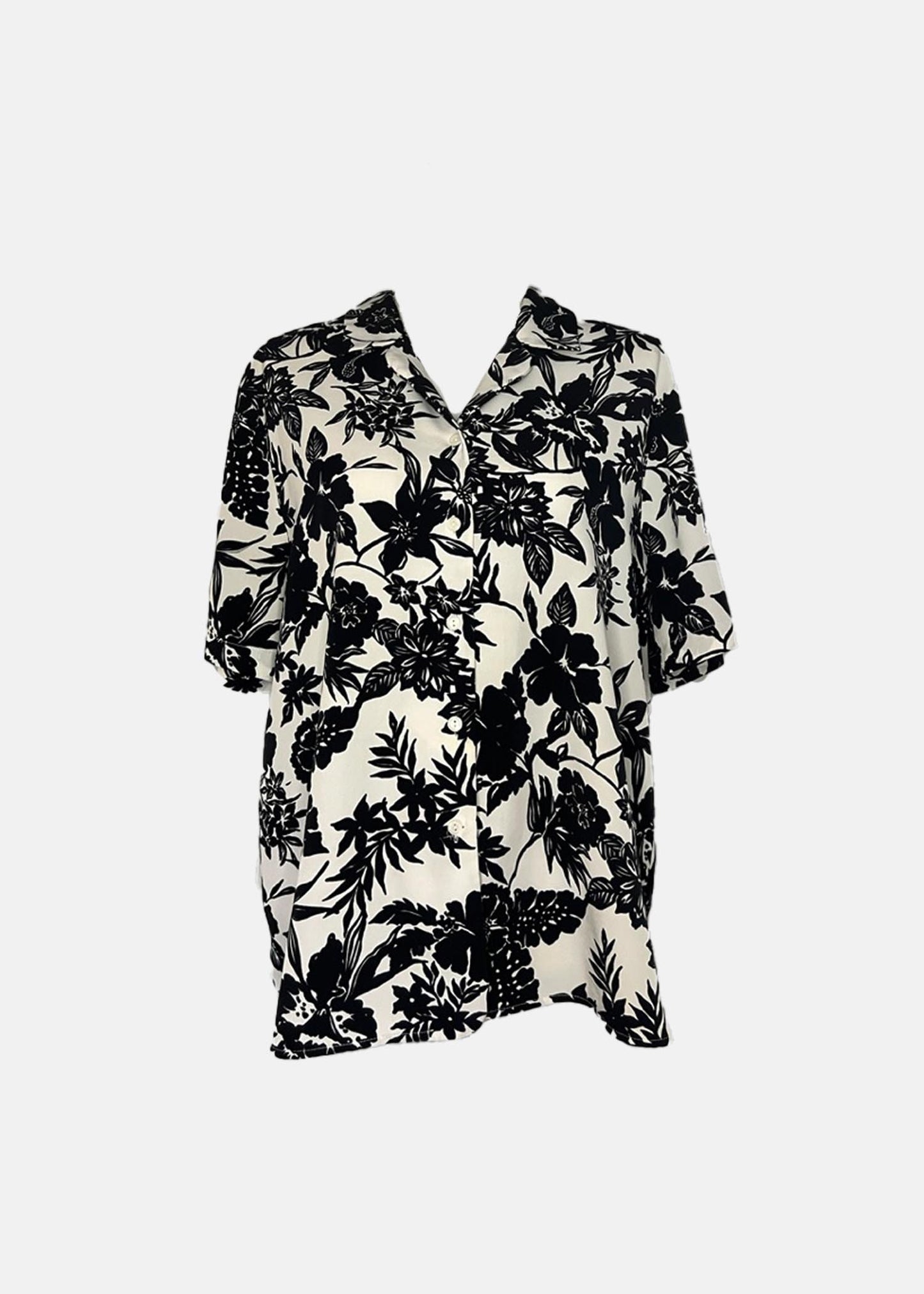 Vintage '80s Floral Short Sleeve Button Up - L - Black/White