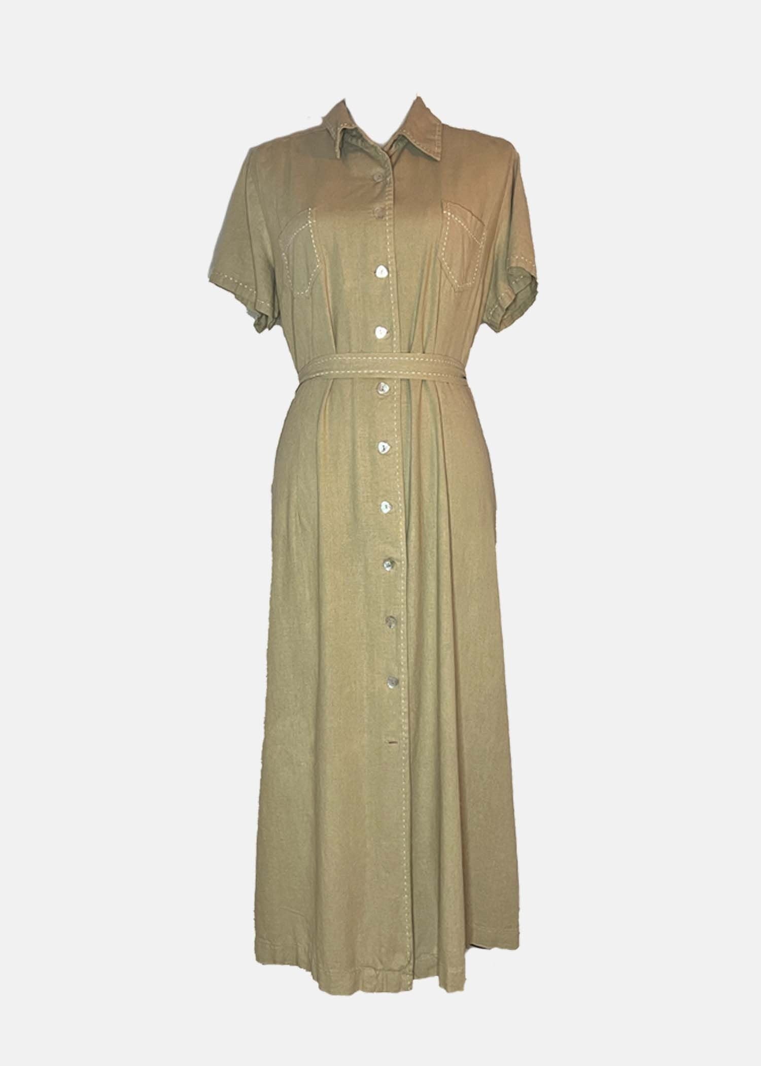 Vintage Linen Midi Dress - L/XL (18) - Beige