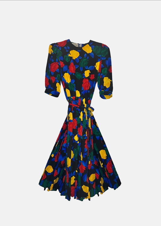 Vintage '80s Silk Pop-Color Floral Dress - S/M - Multi