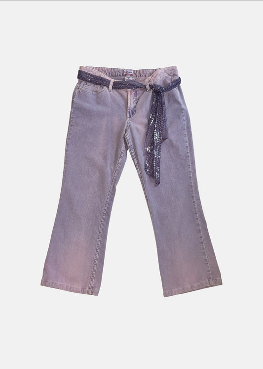 Corduroy Flared Pants with Sequined Belt - Purple