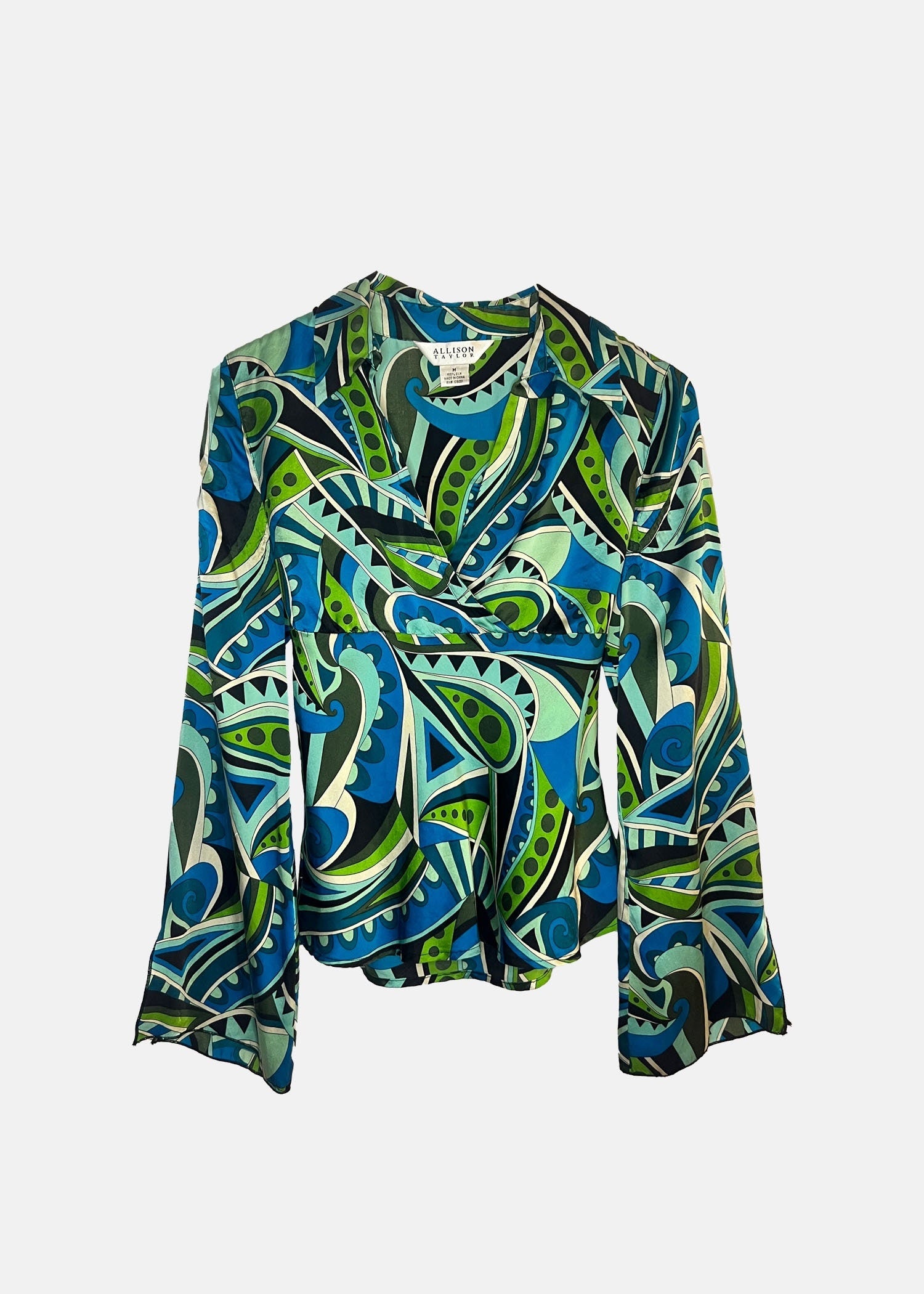 Vintage Silk Blouse with Bold Abstract Print - M - Green/Blue