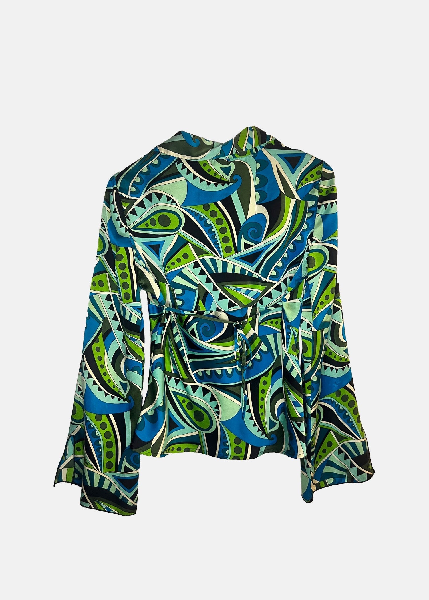 Vintage Silk Blouse with Bold Abstract Print - M - Green/Blue